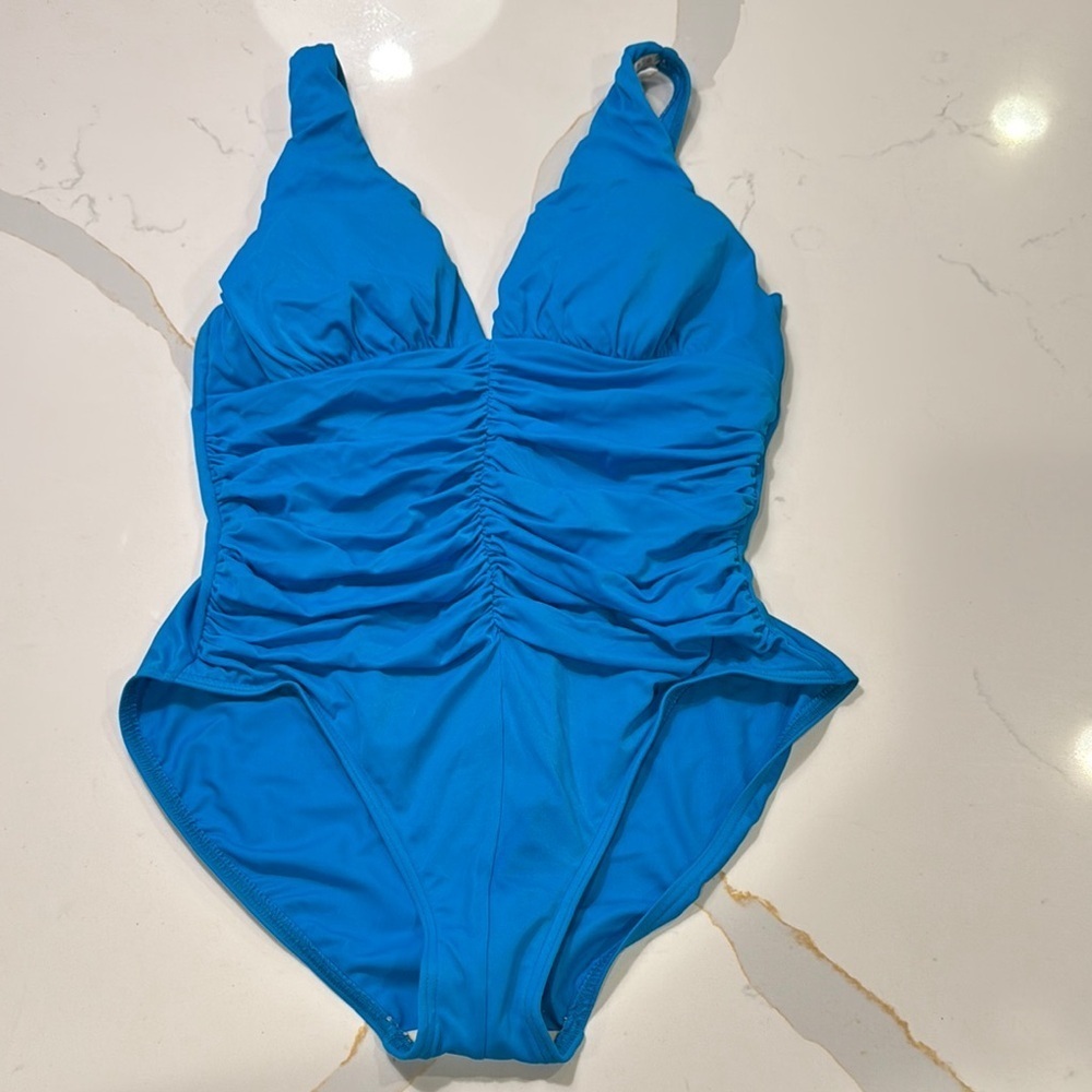 Miraclesuit Blue One Piece Swimsuit with V-Neck and Ruching